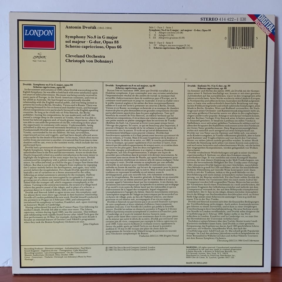 DVORAK, CLEVELAND ORCHESTRA, CHRISTOPH VON DOHNANYI – SYMPHONY NO.8 / SCHERZO CAPRICCIOSO (1986) - LP 2.EL PLAK