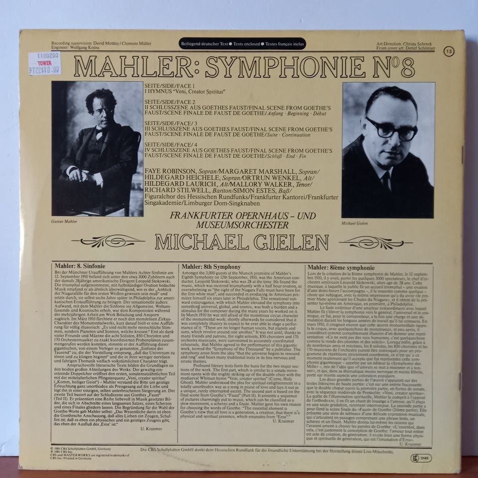 MAHLER - SYMPHONIE NO: 8 / FAYE ROBINSON, MARGARET MARSHALL, HILDEGARD HEICHELE, ORTRUN WENKEL, HILDEGARD LAURICH, MALLORY WALKER, RICHARD STILWELL, SIMON ESTES, FRANKFURTER OPERNHAUS- UND MUSEUMSORCHESTER, MICHAEL GIELEN (1981) - 2LP 2.EL PLAK