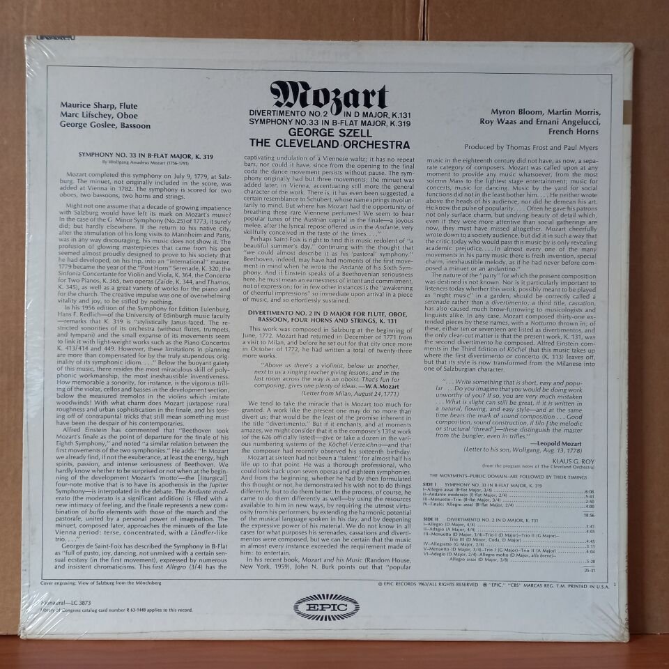 MOZART: DIVERTIMENTO NO. 2 IN D MAJOR, K.131, SYMPHONY NO. 33 IN B-FLAT MAJOR, K.319 / GEORGE SZELL, THE CLEVELAND ORCHESTRA (1963) - LP DÖNEM BASKISI SIFIR PLAK