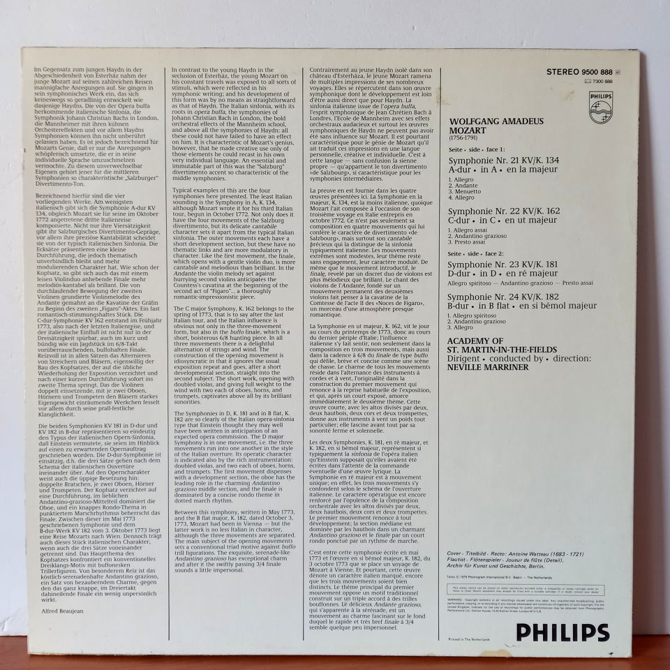 MOZART, THE ACADEMY OF ST. MARTIN-IN-THE-FIELDS, NEVILLE MARRINER – SYMPHONIES 21, 22, 23, & 24 (1979) - LP 2.EL PLAK