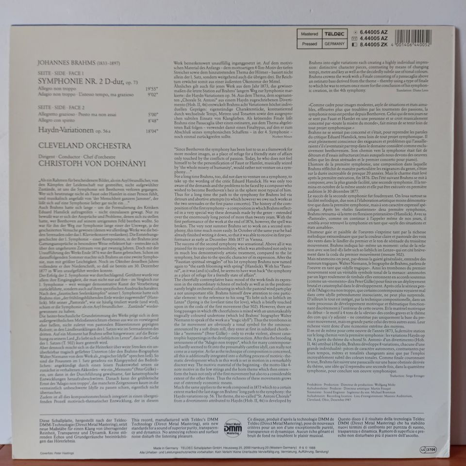 BRAHMS: CLEVELAND ORCHESTRA / CHRISTOPH VON DOHNANYI – SYMPHONIE NR. 2 / HAYDN-VARIATIONEN (1988) - LP 2.EL PLAK