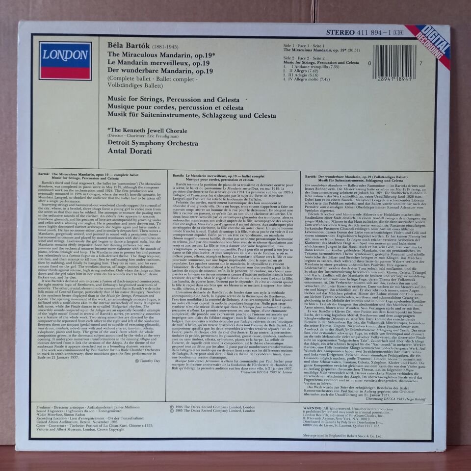 BARTOK: THE MIRACULOUS MANDARIN, OP. 19 / MUSIC FOR STRINGS, PERCUSSION & CELESTA / ANTAL DORATI, DETROIT SYMPHONY ORCHESTRA (1985) - LP 2.EL PLAK