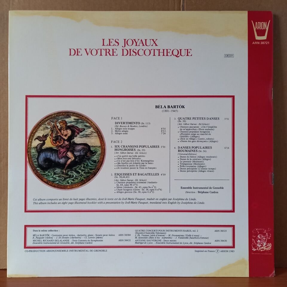 BELA BARTOK: DIVERTIMENTO POUR CORDES, SIX CHANSONS POPULAIRES HONGROISES, ESQUISSES ET BAGATELLES, QUATRE PETITES DANSES, DANSES POPULAIRES ROUMAINES / ENSEMBLE INSTRUMENTAL DE GRENOBLE, STEPHANE CARDON (1983) - LP 2.EL PLAK