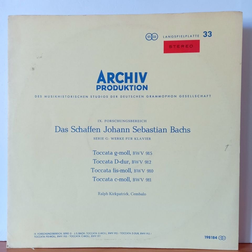 JOHANN SEBASTIAN BACH, RALPH KIRKPATRICK – TOCCATA G-MOLL, BWV 915 / TOCCATA D-DUR, BWV 912 / TOCCATA FIS-MOLL, BWV 910 / TOCCATA C-MOLL, BWV 911 (1960) - LP 2.EL PLAK