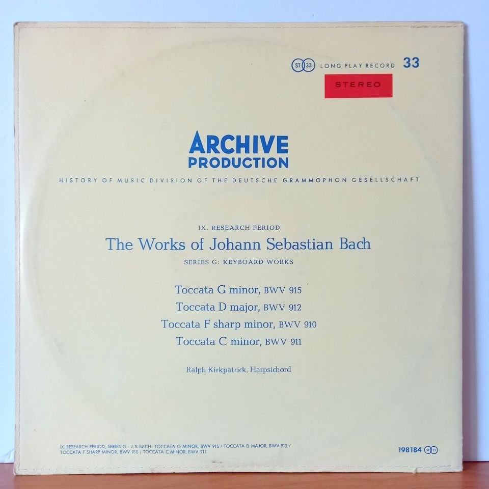 JOHANN SEBASTIAN BACH, RALPH KIRKPATRICK – TOCCATA G-MOLL, BWV 915 / TOCCATA D-DUR, BWV 912 / TOCCATA FIS-MOLL, BWV 910 / TOCCATA C-MOLL, BWV 911 (1960) - LP 2.EL PLAK