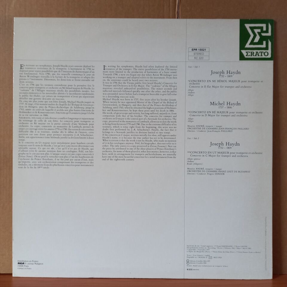 JOSEPH AND MICHAEL HAYDN / MAURICE ANDRE / CONCERTOS POUR TROMPETTE ET ORCHESTRE / F. SANDOR, J.F. PAILLARD (1983) - LP 2.EL PLAK