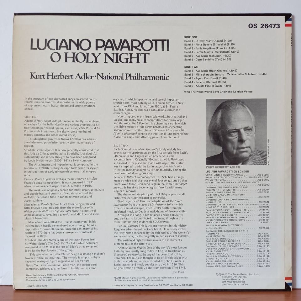 LUCIANO PAVAROTTI, KURT HERBERT ADLER, NATIONAL PHILHARMONIC – O HOLY NIGHT (1976) - LP 2.EL PLAK