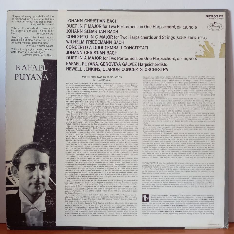 RAFAEL PUYANA, GENOVEVA GALVEZ – HARPSICHORD WORKS FOR TWO PERFORMERS BY J.S. BACH, J.C. BACH, W.F. BACH (1963) - LP 2.EL PLAK