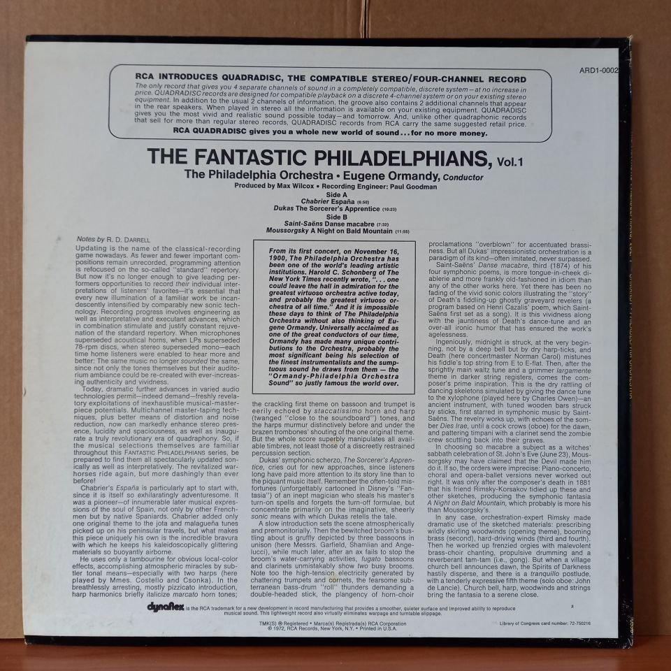 THE FANTASTIC PHILADELPHIANS VOL.1 / EUGENE ORMANDY, THE PHILADELPHIA ORCHESTRA (1972) - LP 2.EL PLAK