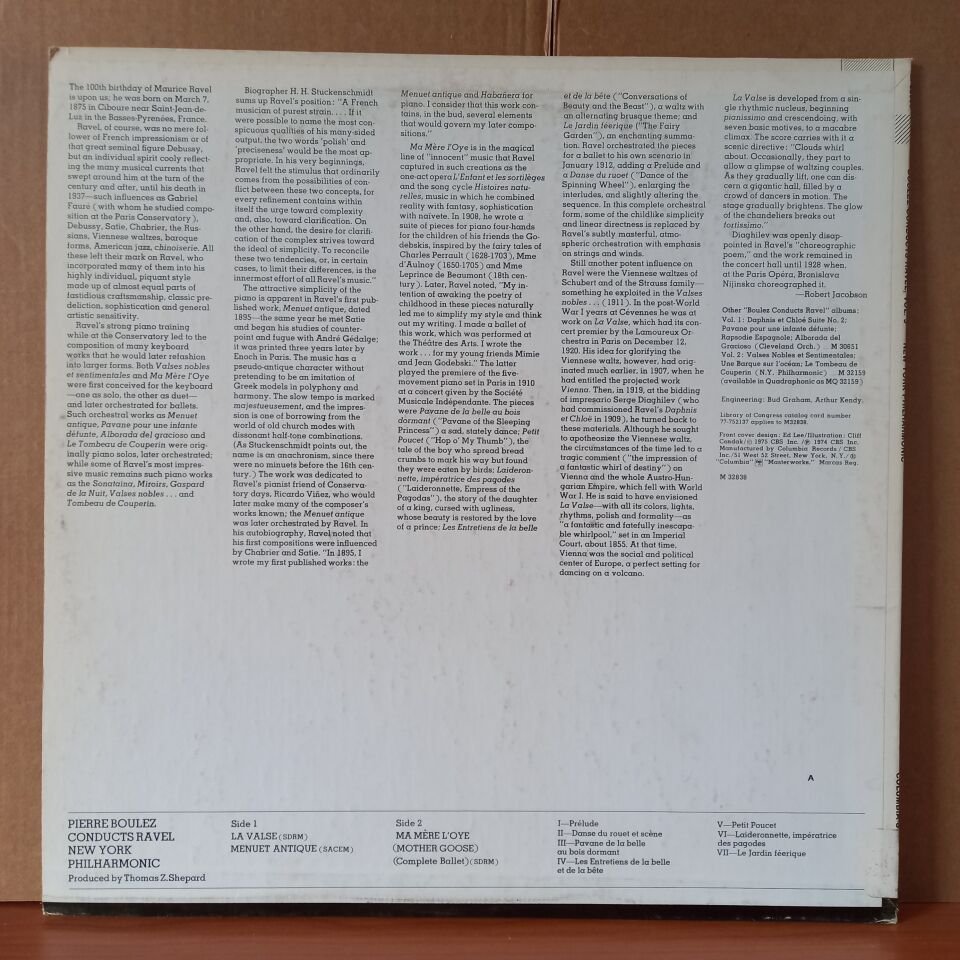 BOULEZ CONDUCTS RAVEL VOL.3 / LA VALSE, MENUET ANTIQUE, MA MERE L'OYE [MOTHER GOOSE] COMPLETE BALLET / NEW YORK PHILHARMONIC (1975) - LP 2.EL PLAK