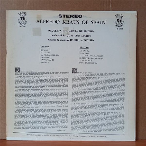 ALFREDO KRAUS – ALFREDO KRAUS OF SPAIN - LP 2.EL PLAK