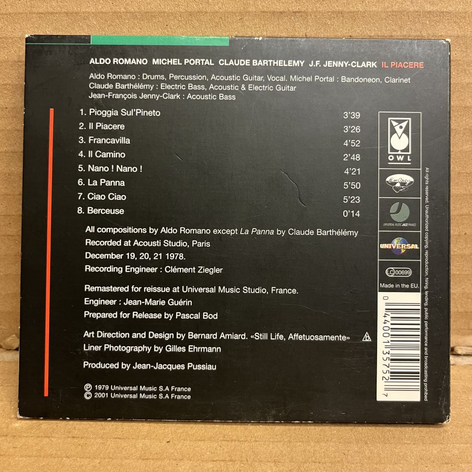 ALDO ROMANO, MICHEL PORTAL, CLAUDE BARTHÉLÉMY, J.F. JENNY-CLARK – IL PIACERE (1979) - CD 2001  DIGIPAK 2.EL
