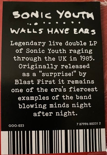SONIC YOUTH - WALLS HAVE EARS / LIVE ALBUM (1986) - 2LP 2024 EDITION GATEFOLD SIFIR PLAK