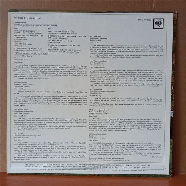 GREENSLEEVES / EUGENE ORMANDY, THE PHILADELPHIA ORCHESTRA (1967) - LP 2.EL PLAK