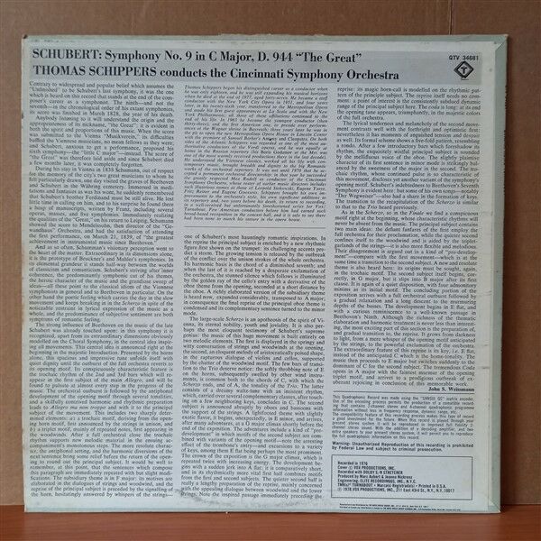 SCHUBERT: SYMPHONY NO. 9 IN C MAJOR, D. 944 ''THE GREAT'' / THOMAS SCHIPPERS, CINCINNATI SYMPHONY ORCHESTRA (1978) - LP 2.EL PLAK