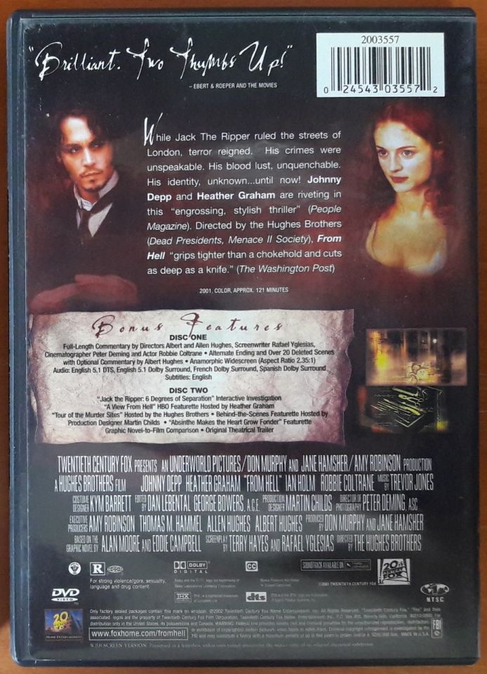 FROM HELL - JOHNNY DEPP - HEATHER GRAHAM - 2xDVD DIRECTOR'S LIMITED EDITION 2.EL 1. BÖLGE TR ALTYAZI YOKTUR