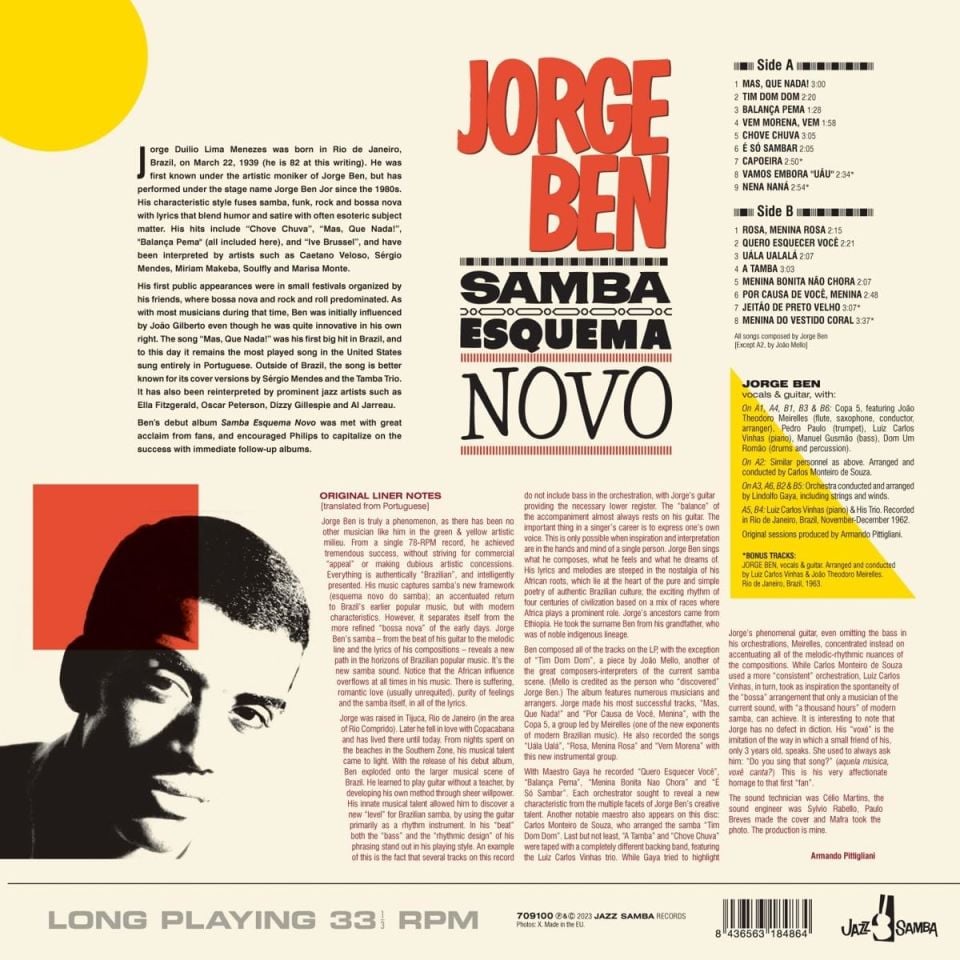 JORGE BEN - SAMBA ESQUEMA NOVO (1963) - LP LATIN JAZZ,SAMBA,BOSSA NOVA 180GR 2023 EDITION SIFIR PLAK