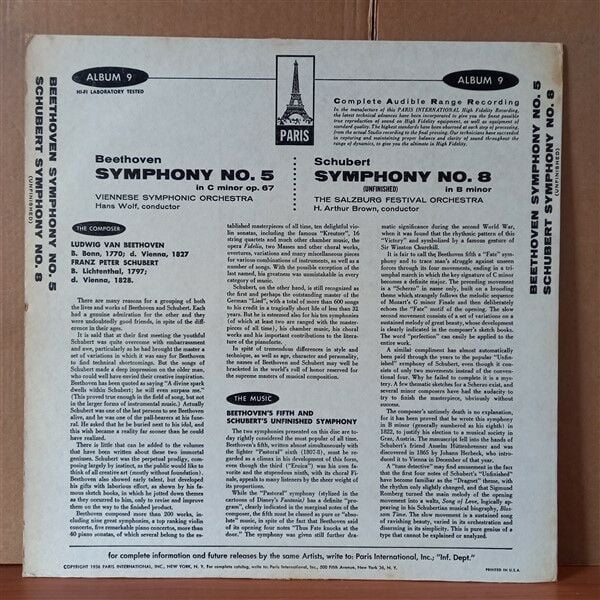 SCHUBERT: UNFINISHED SYMPHONY NO.8 IN B MINOR / BEETHOVEN: FIFTH SYMPHONY IN C MINOR, OPUS 67 / VIENNESE SYMPHONIC AND SALZBURG FESTIVAL ORCHESTRAS / HANS WOLF AND H. ARTHUR BROWN (1956) - LP 2.EL PLAK