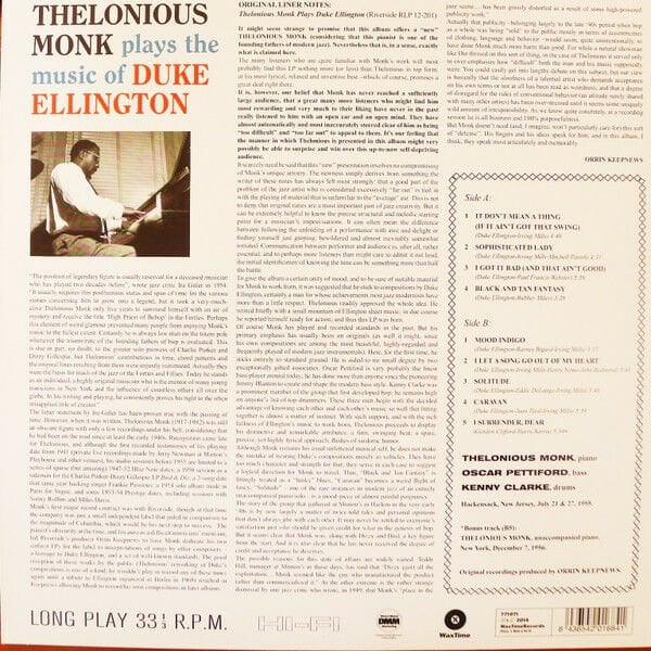 THELONIOUS MONK PLAYS THE MUSIC OF DUKE ELLINGTON (1956) - LP 180GR 2014 REISSUE SIFIR PLAK