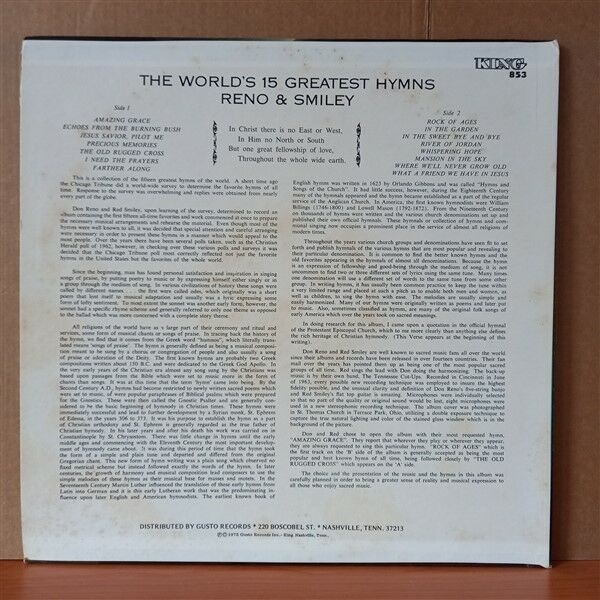 RENO & SMILEY – THE WORLD'S 15 GREATEST HYMNS (1963) - LP 2.EL PLAK