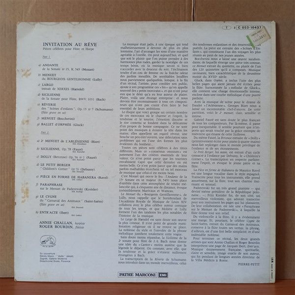 INVITATION AU REVE - PIECES CELEBRES POUR FLUTE ET HARPE / ROGER BOURDIN, ANNIE CHALLAN - LP 2. EL PLAK