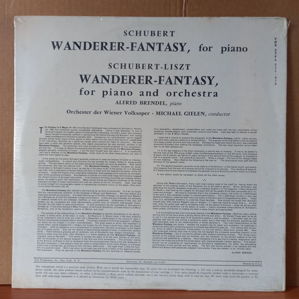 SCHUBERT: WANDERER-FANTASY, FOR PIANO / LISZT:  WANDERER-FANTASY, FOR PIANO AND ORCHESTRA / ALFRED BRENDEL, M. GIELEN, VOLKSOPERNORCHESTER - LP DÖNEM BASKISI SIFIR PLAK