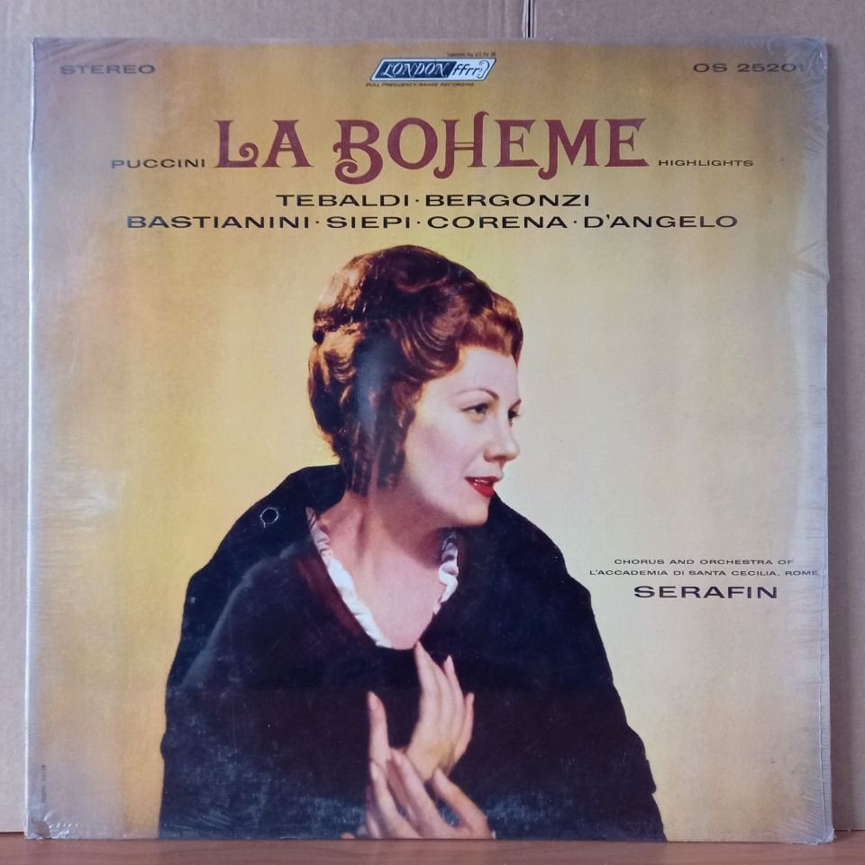 PUCCINI: LA BOHEME HIGHLIGHTS / TRIBALDI • BERGONZI • BASTIANINI • SIEPI • CORENA • D'ANGELO / CHORUS AND ORCHESTRA OF L'ACCADEMIA DI SANTA CECILIA, ROME, SERAFIN (1959) - LP DÖNEM BASKISI SIFIR PLAK