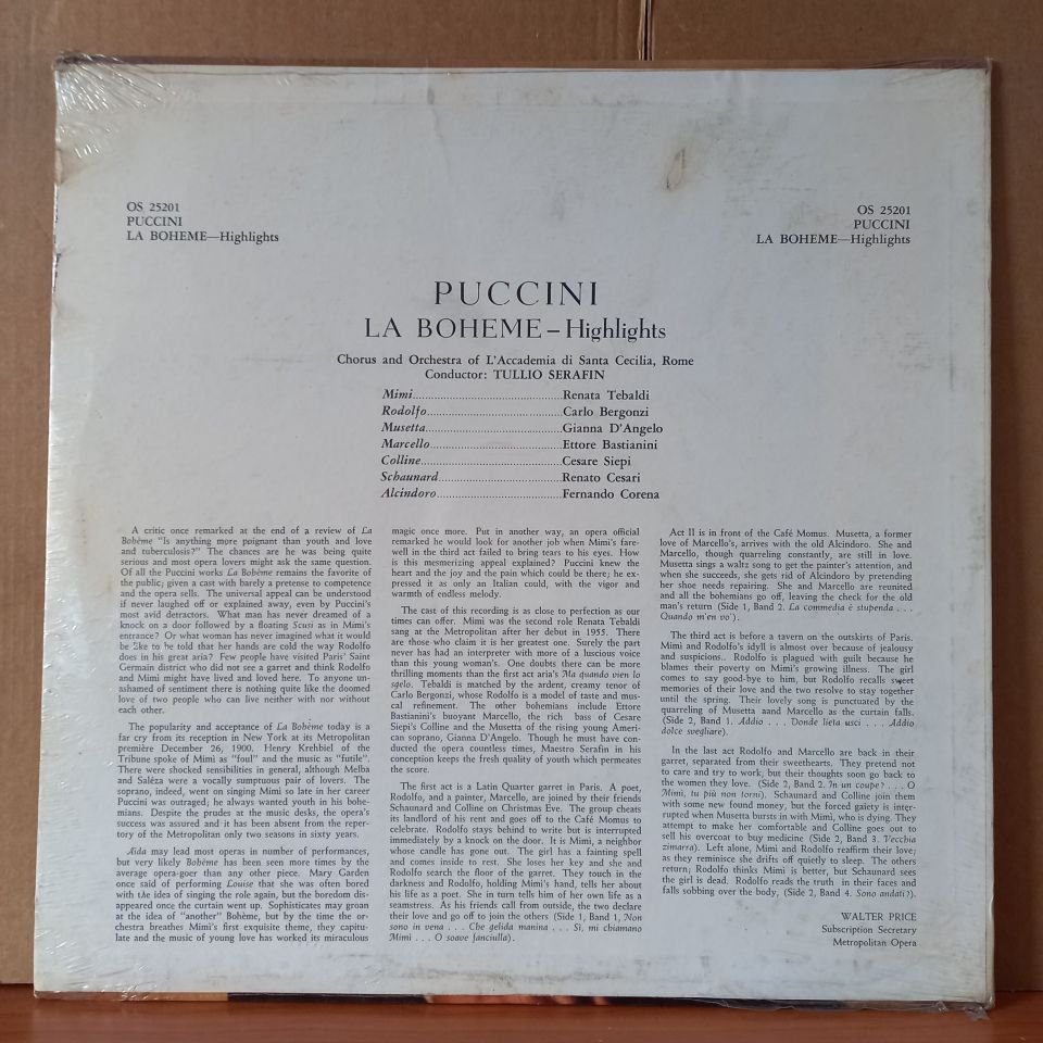 PUCCINI: LA BOHEME HIGHLIGHTS / TRIBALDI • BERGONZI • BASTIANINI • SIEPI • CORENA • D'ANGELO / CHORUS AND ORCHESTRA OF L'ACCADEMIA DI SANTA CECILIA, ROME, SERAFIN (1959) - LP DÖNEM BASKISI SIFIR PLAK