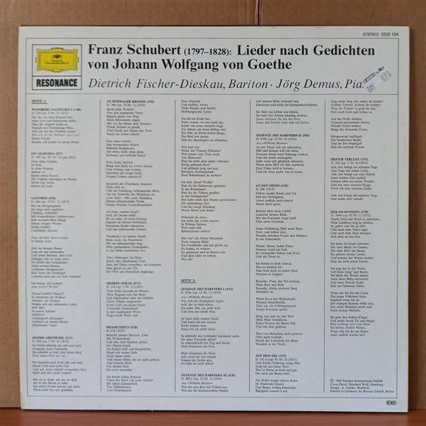 FRANZ SCHUBERT: EIN GOETHE-LIEDERABEND / DIETRICH FISCHER-DIESKAU • JÖRG DEMUS - LP 2. EL PLAK