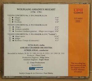 SUNA KAN (VIOLIN) GÜRER AYKAL ANKARA CHAMBER ORCHESTRA - MOZART Violın Concerto no 3 G major/no 4 D major/no 5 A major (1994) - CD 2.EL