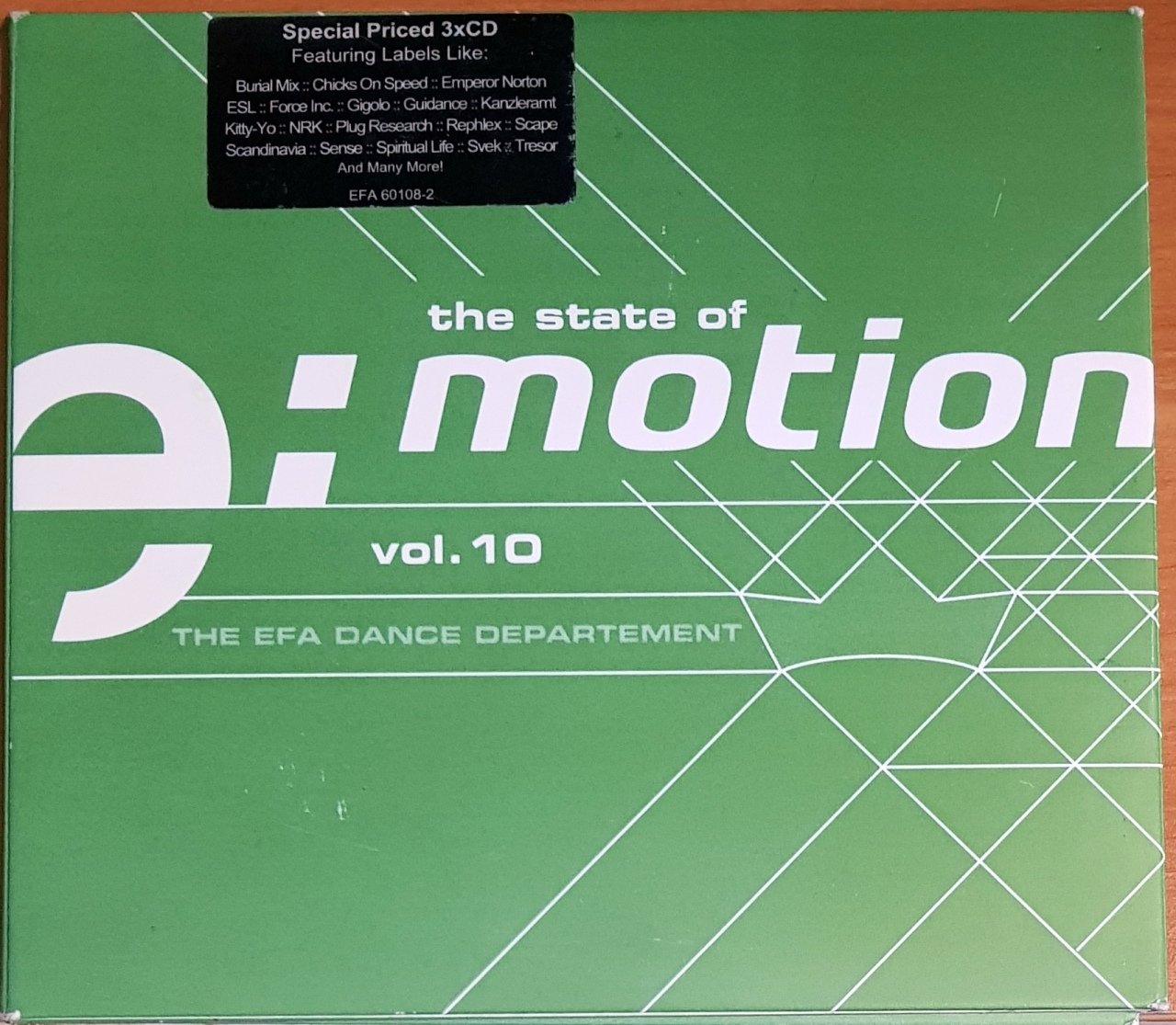 THE STATE OF E:MOTION / EFA DANCE DEPARTMENT VOL.10 / FROM DOWNBEAT TO HOUSE, FROM ELECTRO TO TECHNO, FROM DUB TO ELECTRONICA / JIMPSTER, ZUCO 103, IAN POOLEY, AKUFEN, MARKUS GUNTNER, DNTEL (2002) EFA 3CD 2.EL