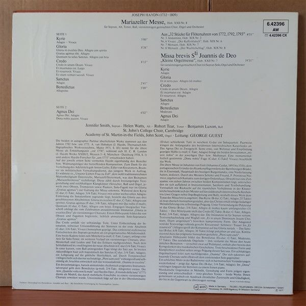 JOSEPH HAYDN: MARIAZELLER MESSE / KLEINE ORGELMESSE / 4 STÜCKE FÜR FLÖTENUHREN / JENNIFER SMITH • HELEN WATTS • ROBERT TEAR • BENJAMIN LUXON, ST. JOHN'S COLLEGE CHOIR, CAMBRIDGE, JOHN SCOTT, ACADEMY OF ST. MARTIN-IN-THE FIELDS (1977) - LP 2. EL PLAK