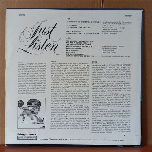 JUST LISTEN / PERCY FAITH, PETER NERO, RAY CONNIFF, FLATT & SCRUGGS, BARBRA STREIASAND, DAVE BRUBECK, THE N.Y. PHILHARMONIC, LEONARD BERNSTEIN - LP 2.EL PLAK