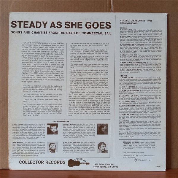 STEADY AS SHE GOES : SONGS AND CHANTIES FROM THE DAYS OF COMMERCIAL SAIL / LOUIS KILLEN, JEFF WARNER, GERRET WARNER, FUD BENSON (1977) - LP 2.EL PLAK