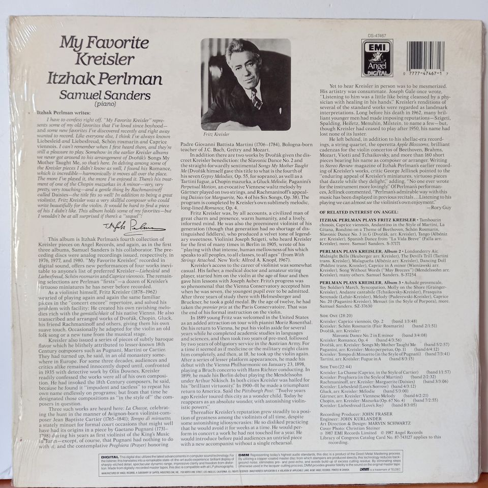 ITZHAK PERLMAN, SAMUEL SANDERS – MY FAVORITE KREISLER (1987) - LP  2.EL PLAK