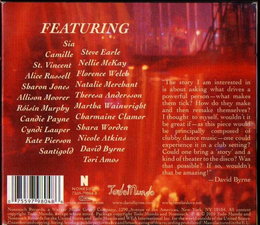 DAVID BYRNE & FATBOY SLIM - HERE LIES LOVE (2010) feat CYNDI LAUPER ROISIN MURPHY TORI AMOS ST VINCENT etc - CD NONESUCH DIGIPACK 2.EL