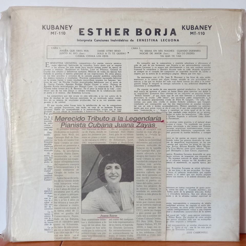 ESTHER BORJA, ERNESTINA LECUONA – ESTHER BORJA INTERPRETA CANCIONES INOLVIDABLES DE ERNESTINA LECUONA - LP  2.EL PLAK