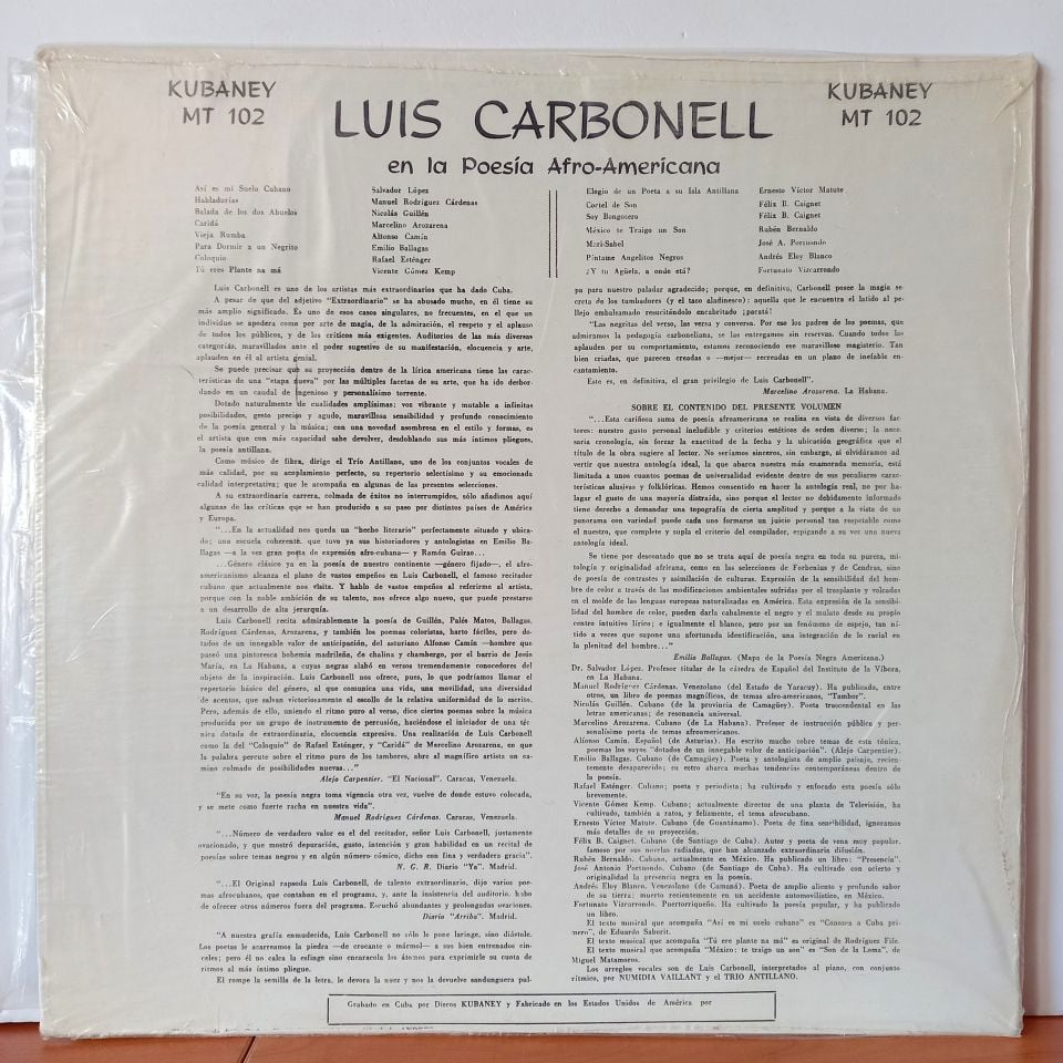 LUIS CARBONELL – LUIS CARBONELL EN LA POESIA AFRO-AMERICANA - LP  2.EL PLAK