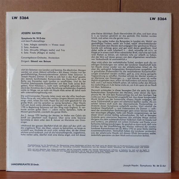 HAYDN: SYMPHONIE NR. 94 G-DUR ''MIT DEM PAUKENSCHLAG'' / CONCERTGEBOUW-ORCHESTER, EDUARD VAN BEINUM - LP 2.EL 10 INCH PLAK