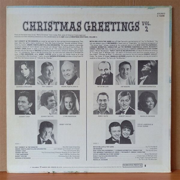 CHRISTMAS GREETINGS, VOLUME 2 / RAY CONNIF, JOHNNY CASH, BOBBY VINTON, ROBERT GOULET, MAHALIA JACKSON, JIM NABORS (1971) - LP 2.EL PLAK