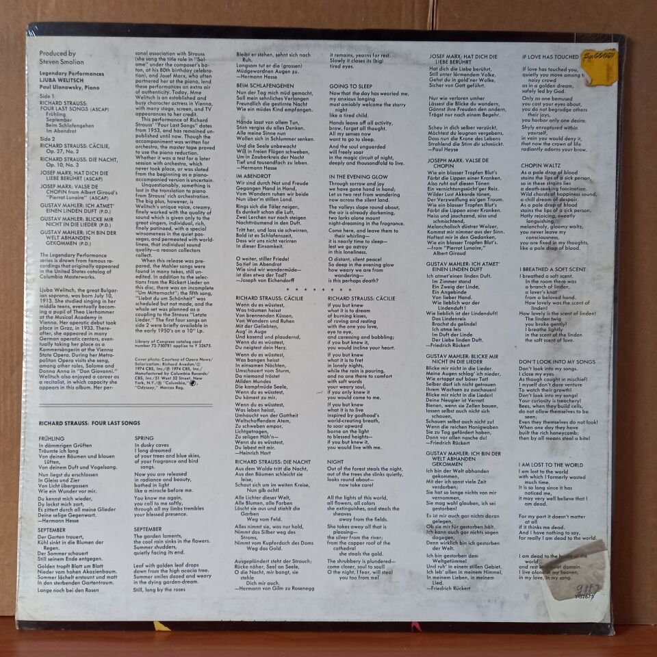 LJUBA WELITSCH / PAUL ULANOWSKY, PIANO / RICHARD STRAUSS, GUSTAV MAHLER, JOSEF MARX (1974) - LP DÖNEM BASKISI SIFIR PLAK