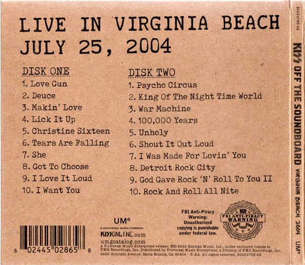 KISS – OFF THE SOUNDBOARD LIVE IN VIRGINIA BEACH JULY 25, 2004 (2022) - 2CD DIGISLEEVE AMBALAJINDA SIFIR