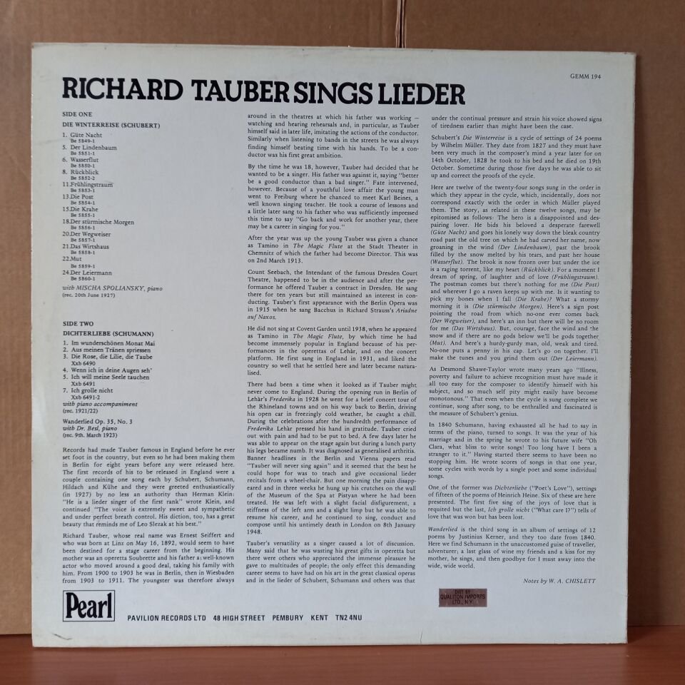 RICHARD TAUBER – RICHARD TAUBER SINGS LIEDER / SCHUBERT: WINTERREISE, SCHUMANN: DICHTERLIEBE (1981) - LP 2.EL PLAK