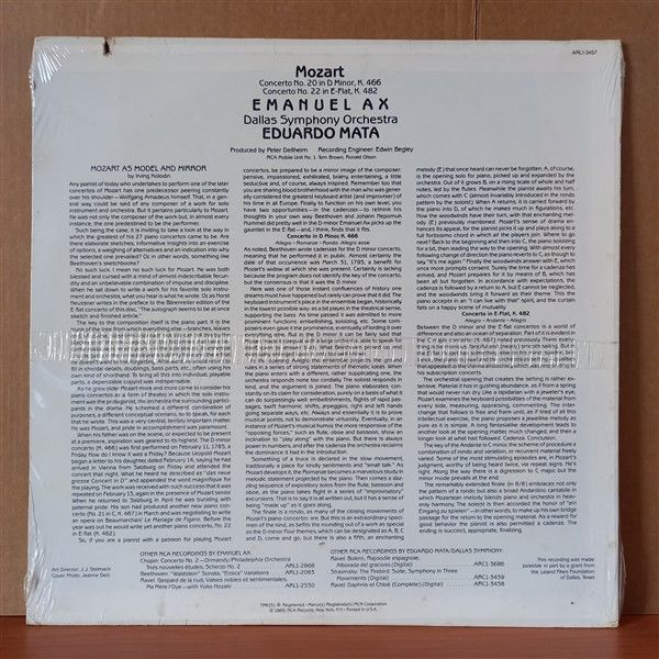 MOZART: CONCERTO NO. 20 IN D MINOR, K. 466; CONCERTO NO. 22 IN E-FLAT, K. 482 / EMANUEL AX, EDUARDO MATA, DALLAS SYMPHONY ORCHESTRA (1980) - LP DÖNEM BASKISI SIFIR PLAK
