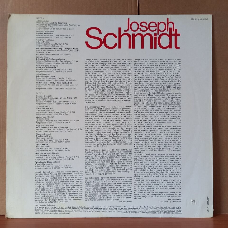 JOSEPH SCHMIDT ARIEN AUS: DER POSTILLION VON LONJUMEAU, DER EVANGELIMANN, DIE TOTE STADT, RIGOLETTO, DER TROUBADOUR, DER BAJAZZO, TOSCA U.A. (1973) - LP 2.EL PLAK