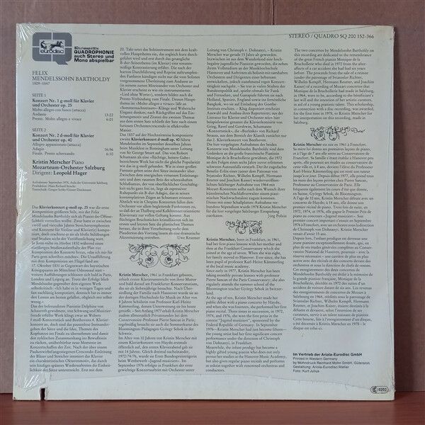 MENDELSSOHN - KRISTIN MERSCHER, MOZARTEUM-ORCHESTER SALZBURG, LEOPOLD HAGER – KLAVIERKONZERTE NR. 1 G-MOLL OP. 25 & NR. 2 D-MOLL OP. 40 (1979) - LP DÖNEM BASKISI SIFIR PLAK