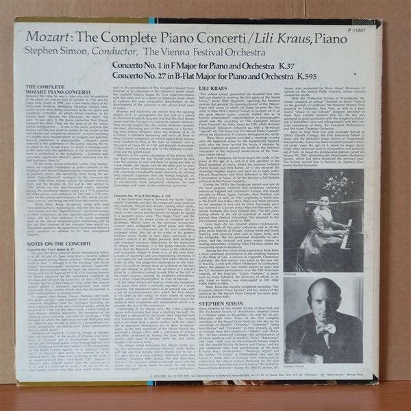 MOZART, LILI KRAUS, VIENNA FESTIVAL ORCHESTRA, STEPHEN SIMON – THE COMPLETE PIANO CONCERTI CONCERTO NO. 1 IN F MAJOR FOR PIANO AND ORCHESTRA K.37, CONCERTO NO. 27 IN B-FLAT MAJOR FOR PIANO AND ORCHESTRA K.595 (1973) - LP 2.EL PLAK