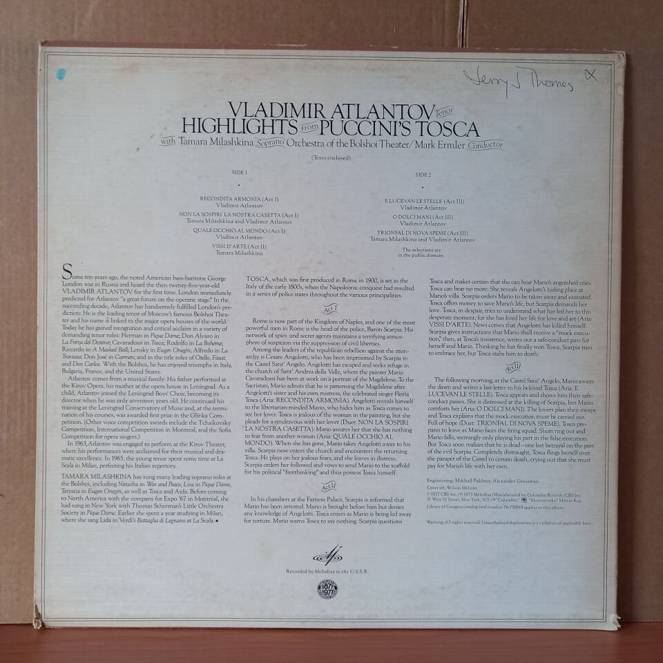VLADIMIR ATLANTOV / HIGHLIGHTS FROM PUCCINI'S TOSCA / TAMARA MILASHKINA, ORCHESTRA OF THE BOLSHOI THEATER, MARK ERMLER (1977) - LP 2.EL PLAK