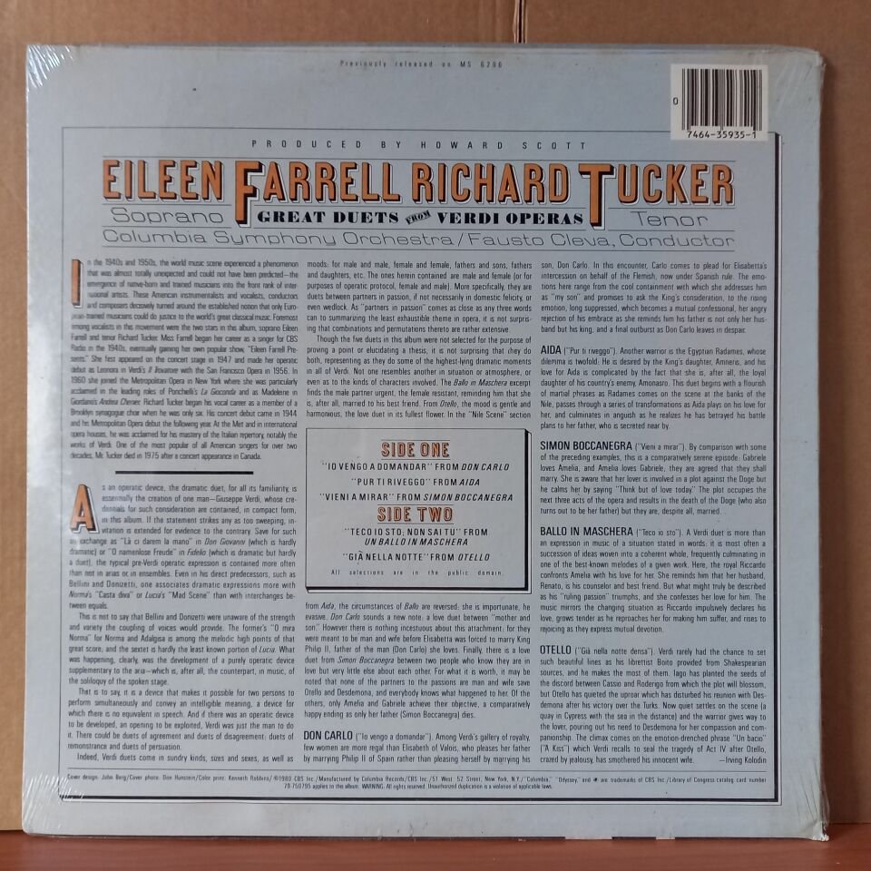 GREAT DUETS FROM VERDI OPERAS / EILEEN FARRELL, RICHARD TUCKER, FAUSTO CLEVA, COLUMBIA SYMPHONY ORCHESTRA (1980) - LP DÖNEM BASKISI SIFIR PLAK