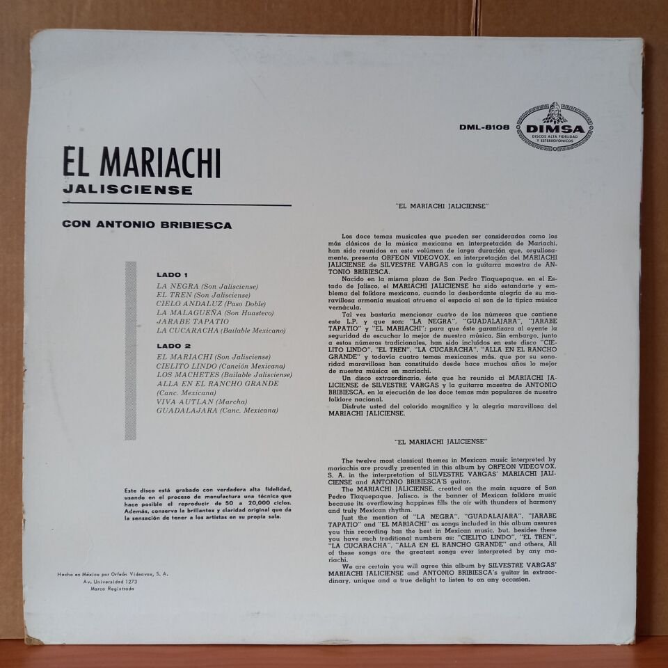 EL MARIACHI JALISCIENSE – CON ANTONIO BRIBIESCA - LP 2.EL PLAK
